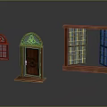 Wooden Decorative Door and Windows with Arched Top Grid and Metal Accents