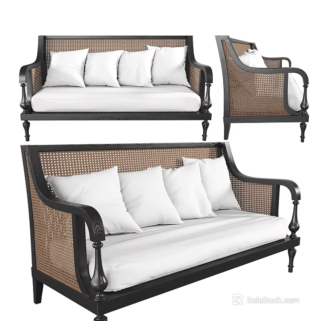 Classic Multi Seater Sofa With Rattan Backrest Black Frame And White Cushions 3d model 