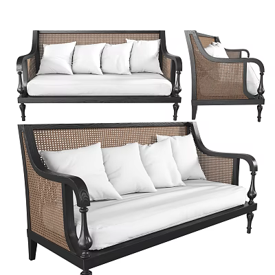 Classic Multi Seater Sofa With Rattan Backrest Black Frame And White Cushions 3d model