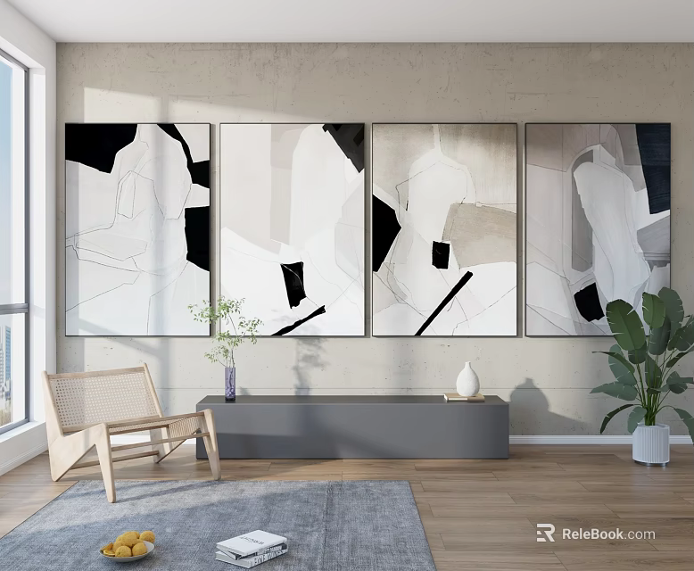 Modern Living Room Interior With Abstract Wall Paintings Plants And Chair 3d model 