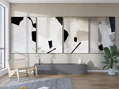 Modern Living Room Interior With Abstract Wall Paintings Plants And Chair 3d model