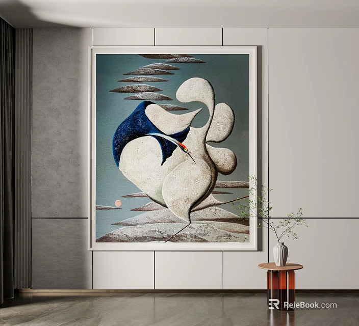 Abstract Swan Themed Wall Painting With Blue White Hues In Modern Interior Decor 3d model 