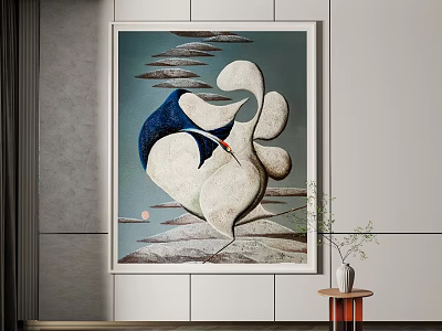 Abstract Swan Themed Wall Painting With Blue White Hues In Modern Interior Decor 3d model
