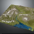 Mountainous Terrain 3D Model With Snowy Peaks Green Vegetation River And Blue Lake