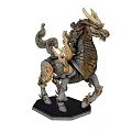 Mythical Kirin Sculpture with Golden Black Metal Intricate Mane Tail and Hexagonal Base