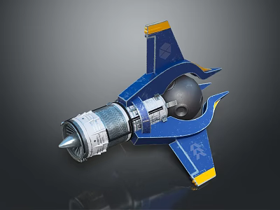 Blue And Yellow 3D Mechanical Model With Conical Front Silver Cylinder Black Sphere And Wing Like Structures 3d model