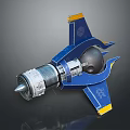 Blue And Yellow 3D Mechanical Model With Conical Front Silver Cylinder Black Sphere And Wing Like Structures