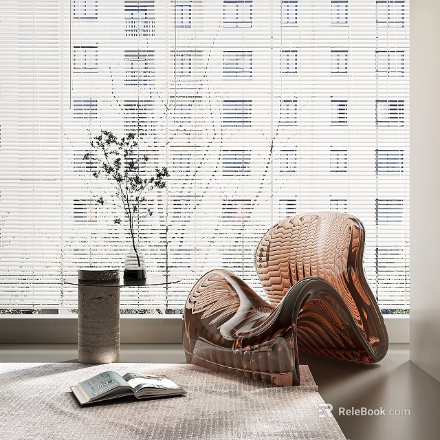 Leisure Chair Modern Curved Transparent Copper Indoor Setting With Window Blinds Plant And Side Table 3d model 