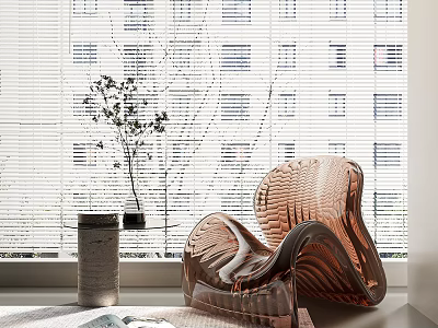 Leisure Chair Modern Curved Transparent Copper Indoor Setting With Window Blinds Plant And Side Table 3d model