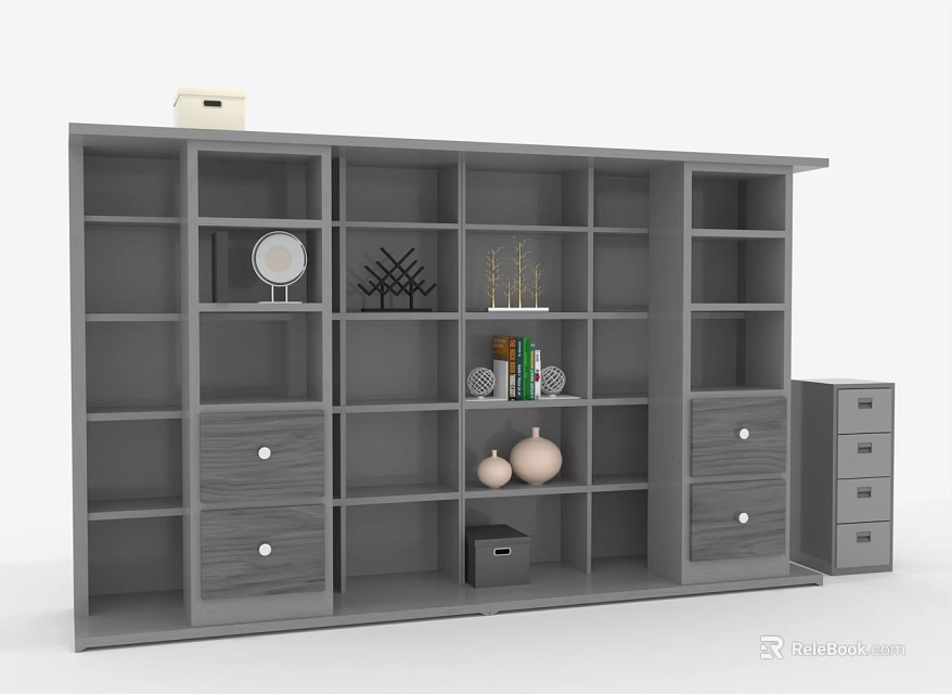 Gray Modern Storage Shelf Unit with Multiple Compartments Drawers and Decorative Items 3d model 