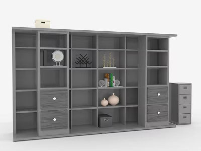 Gray Modern Storage Shelf Unit with Multiple Compartments Drawers and Decorative Items 3d model