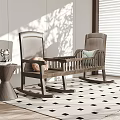 Wooden Rocking Leisure Chairs with Soft Cushions in Room with Tree Shadows and Diamond Rug
