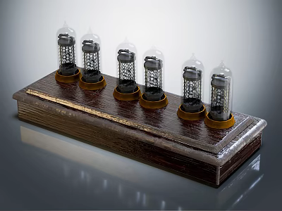 Elegant Vintage Vacuum Tubes Display On Wooden Base With Gold Trim 3d model