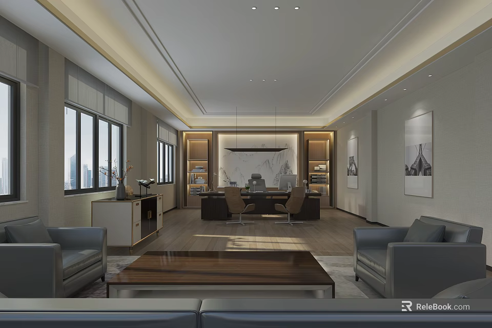 Modern Spacious Office Interior Design With Desk Sofas Windows And City View 3d model
