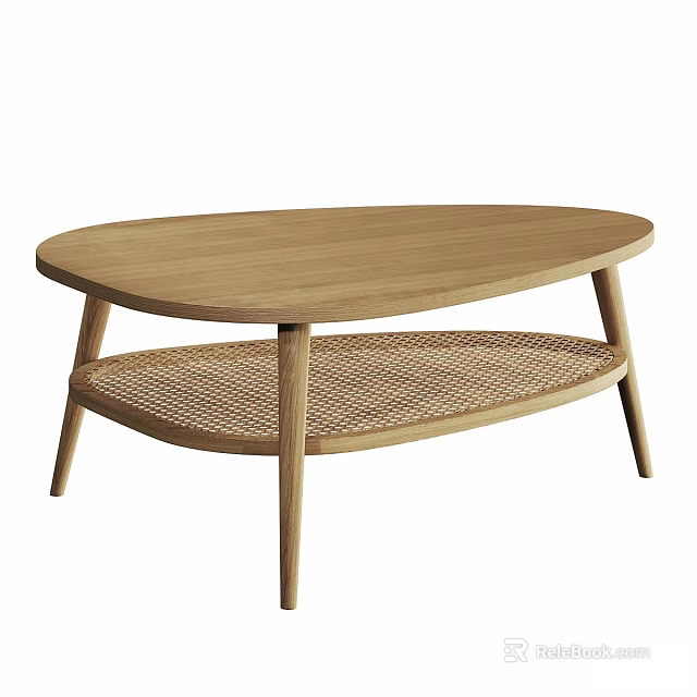 Modern Wooden Coffee Table With Oval Tabletop Rattan Shelf And Slender Legs 3d model 