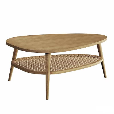 Modern Wooden Coffee Table With Oval Tabletop Rattan Shelf And Slender Legs 3d model