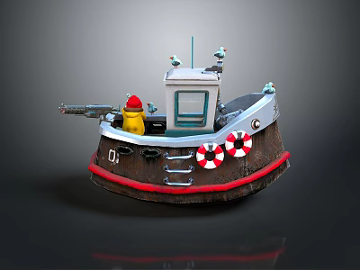 Toy Boat Model With Brown Hull Red Trim Yellow Object Ladder And Lifebuoys 3d model