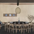 Chinese Style Private Dining Room With Round Table Wooden Chairs And Decorative Plates