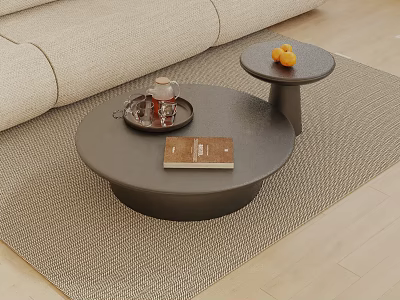 Beige Fabric Sofa And Round Black Coffee Table Set With Tray Book Oranges 3d model