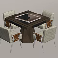 Square Wooden Dining Table Set With Four Fabric Seated Chairs And Circular Center Design