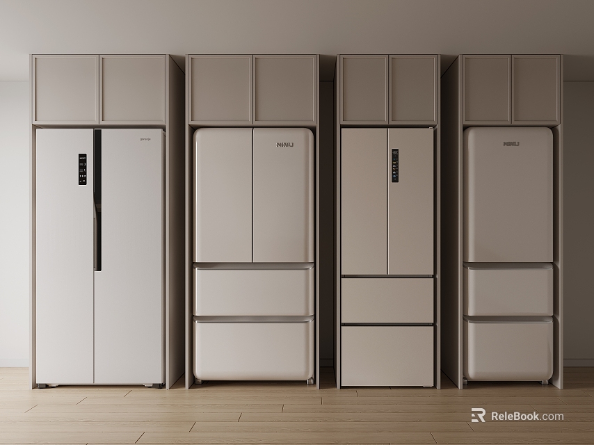 White Kitchen Refrigerators Different Styles Placed Side By Side Against Wall With Light Wood Floor 3d model 