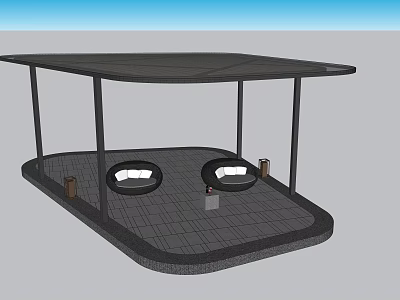Modern Pergola Design With Flat Roof Circular Seats And Tiled Floor 3d model