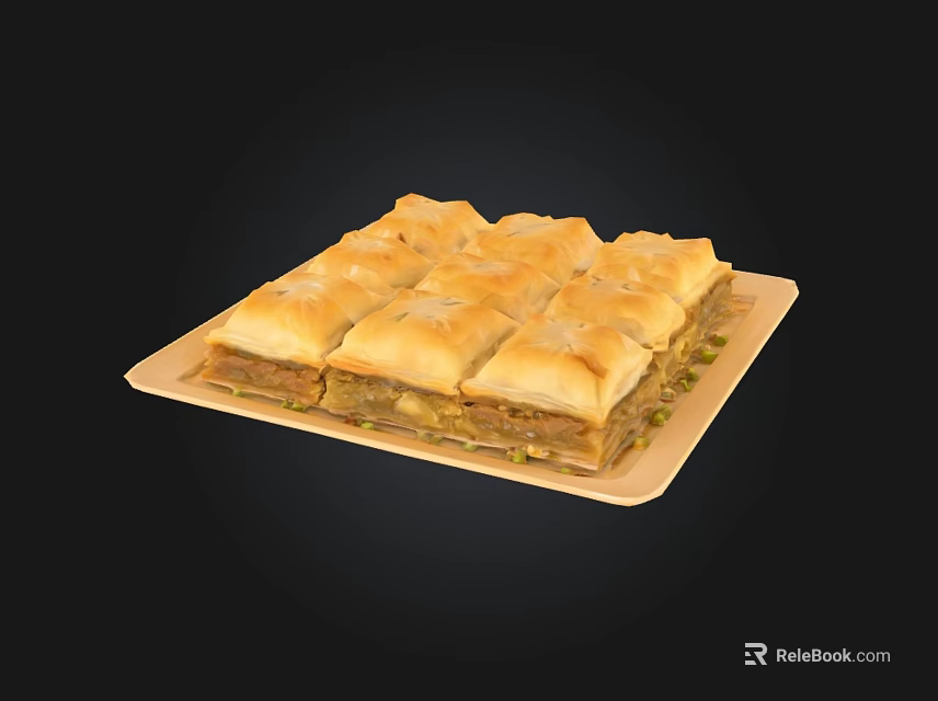 Square Layered Pastries With Golden Crust Honey And Nut Filling On A Light Colored Tray 3d model 