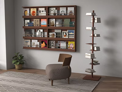 Modern Wall Mounted And Spiral Bookshelf With Books Decorations Chair Plant And Rug 3d model