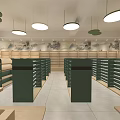 Modern Retail Store Interior With Wooden Display Tables Green Decor And Round Pendant Lights