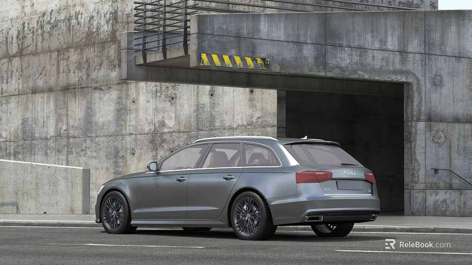 Silver Station Wagon Parked By Concrete Structure With Underground Passage Entrance 3d model