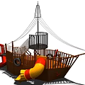 Wooden Pirate Ship Playground Equipment With Red Slide Climbing Net And Stairs