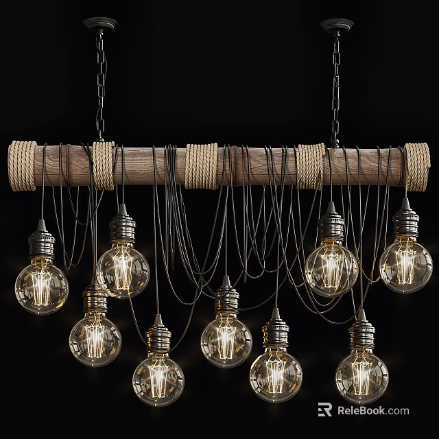 Vintage Rope Wrapped Wooden Rod Chandelier With Multiple Edison Bulbs 3d model 