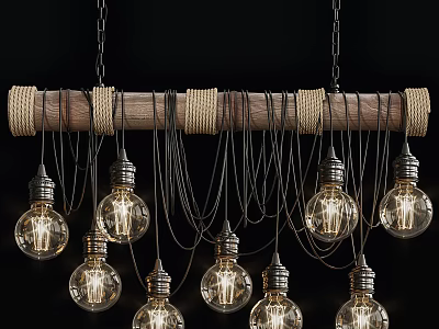Vintage Rope Wrapped Wooden Rod Chandelier With Multiple Edison Bulbs 3d model