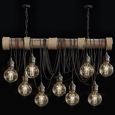 Vintage Rope Wrapped Wooden Rod Chandelier With Multiple Edison Bulbs 3d model