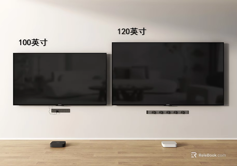 100 and 120 Inch TVs Mounted on Wall in Living Room With Media Players Below 3d model 
