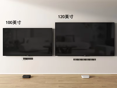 100 and 120 Inch TVs Mounted on Wall in Living Room With Media Players Below 3d model