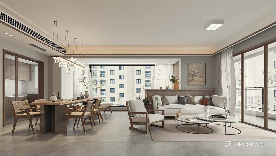 Contemporary Living And Dining Space With Large Window Sofa Set And Dining Table 3d model