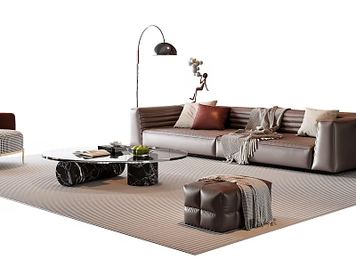 Leather Sofa Coffee Table Set With Pillows Throw Blanket Ottoman Wavy Pattern Rug Floor Lamp 3d model