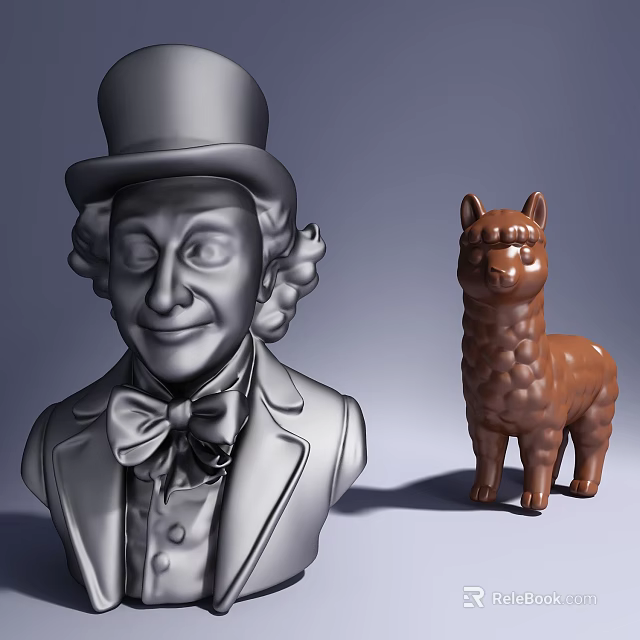 Artistic Unique Detailed Sculpture Carvings Featuring Top Hat Bust And Llama Figure 3d model 