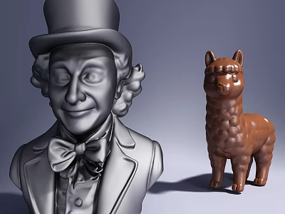 Artistic Unique Detailed Sculpture Carvings Featuring Top Hat Bust And Llama Figure 3d model