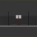 Fenced Outdoor Basketball Court With Green Pink Surface Lighting Poles And Hoop