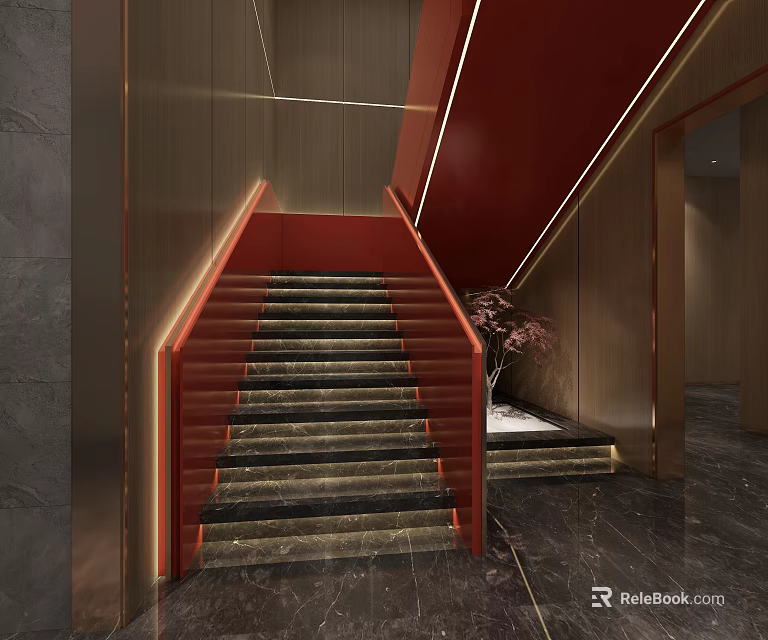 Elegant Luxury Staircase With Red Railing Golden Lines And Marble Steps 3d model 
