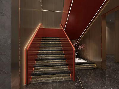 Elegant Luxury Staircase With Red Railing Golden Lines And Marble Steps 3d model