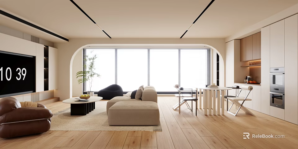 Spacious Living Dining Room Interior With Large Windows Wooden Flooring Sofa And Dining Table 3d model 