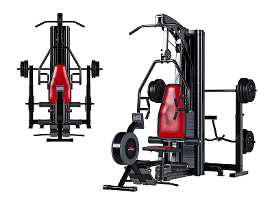 Professional Multi Functional Fitness Equipment With Black Frame Red Seats And Weight Plates 3d model