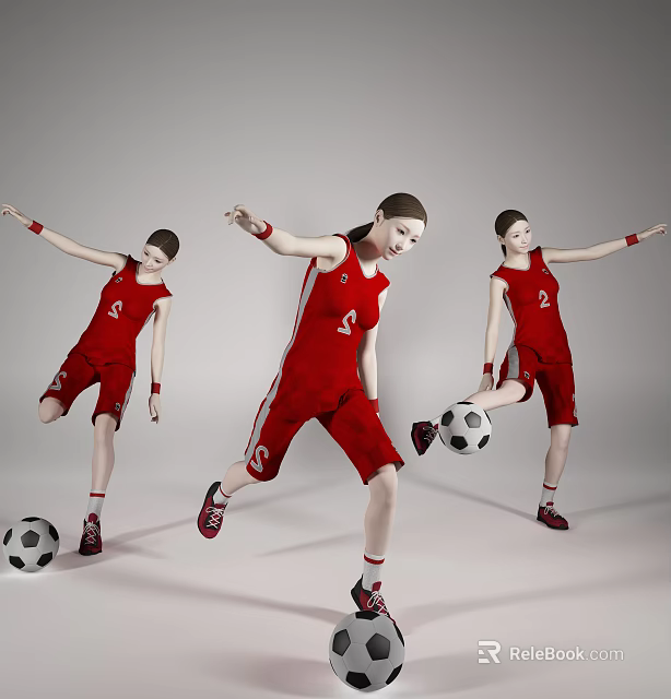 Woman In Red Sportswear Performing Different Soccer Actions With Ball 3d model 