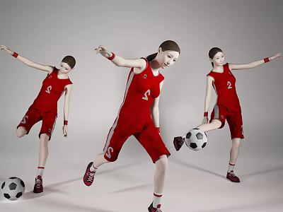 Woman In Red Sportswear Performing Different Soccer Actions With Ball 3d model