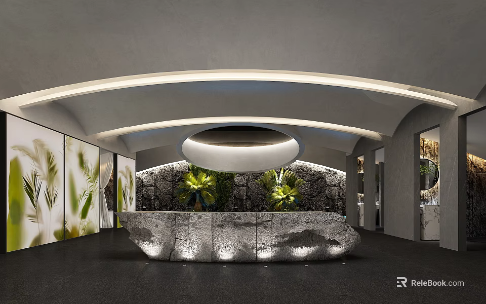 Modern Spa Sauna Interior With Stone Wall Green Plants And Curved Ceiling Lighting 3d model 