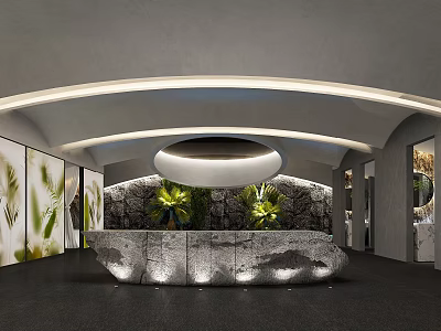 Modern Spa Sauna Interior With Stone Wall Green Plants And Curved Ceiling Lighting 3d model
