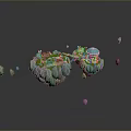 Floating Islands Featuring Green Grass Blue Dome Building And Floating Rocks